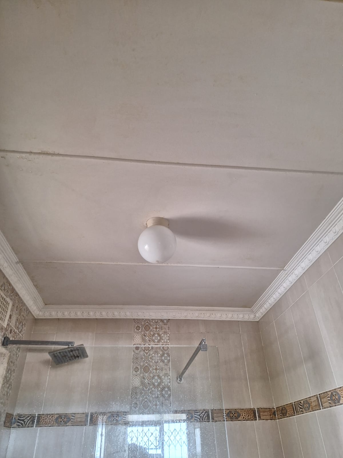 Bathroom ceiling after mould removal — clean white restored