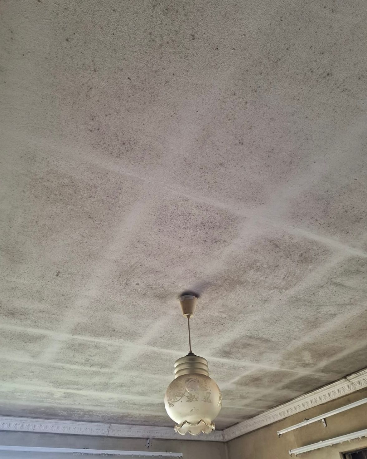 Interior ceiling before treatment — heavy mould and staining across surface